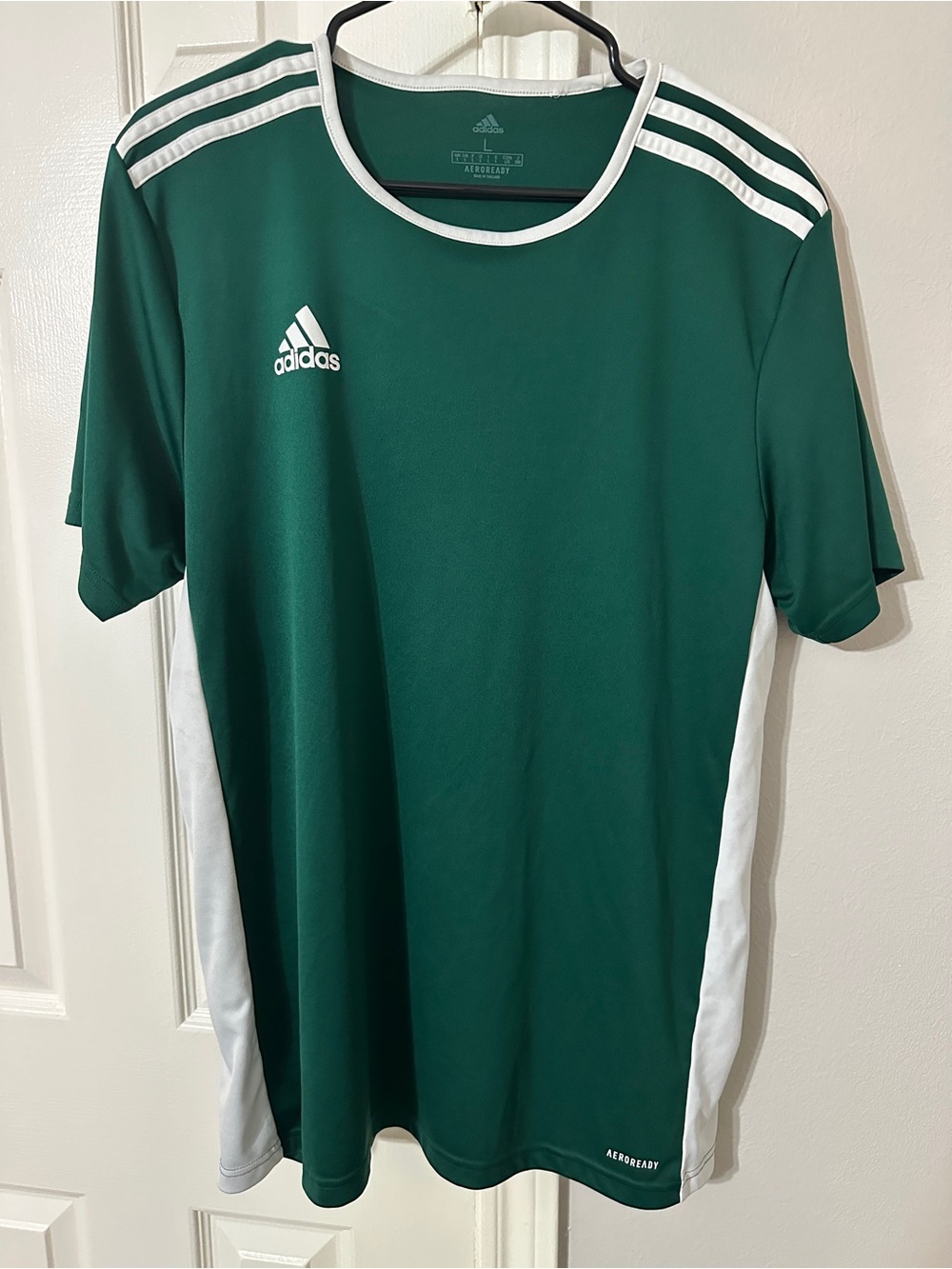 Adidas Aeroready Soccer Jersey Men’s Large Green White 3 Stripe Performance Tee